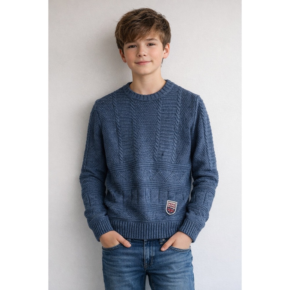 Pepe Jeans London Blue Textured Mixed Knit Crew Neck Sweater Boys Size 14 164